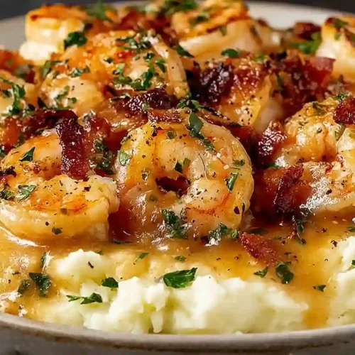 Creamy Garlic Shrimp Over Mashed Potatoes Easy Fancy Dinner 4 Creamy Garlic Shrimp Over Mashed Potatoes served on a plate with sauce and parsley