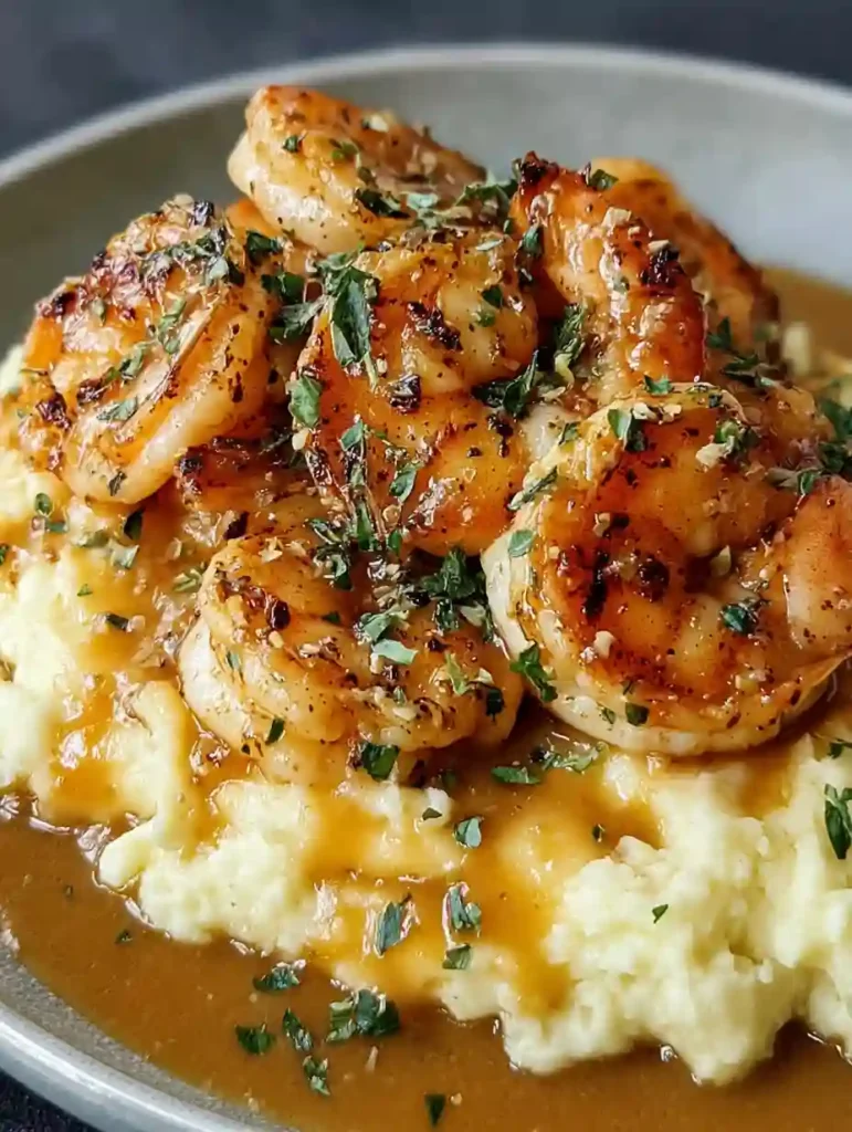 Creamy Garlic Shrimp Over Mashed Potatoes Easy Fancy Dinner 2 Creamy Garlic Shrimp Over Mashed Potatoes drizzled with brown garlic gravy and herbs