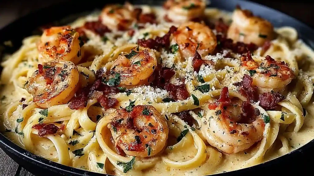 Best Marry Me Shrimp Pasta Recipe 1 Marry Me Shrimp Pasta topped with seared shrimp, crispy bacon, and grated Parmesan in a creamy sauce