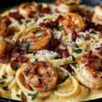 Marry Me Shrimp Pasta topped with seared shrimp, crispy bacon, and grated Parmesan in a creamy sauce