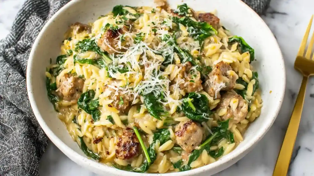 Ultimate Italian Sausage Orzo One Pot Bliss 1 Creamy Italian sausage orzo in a bowl with spinach and parmesan