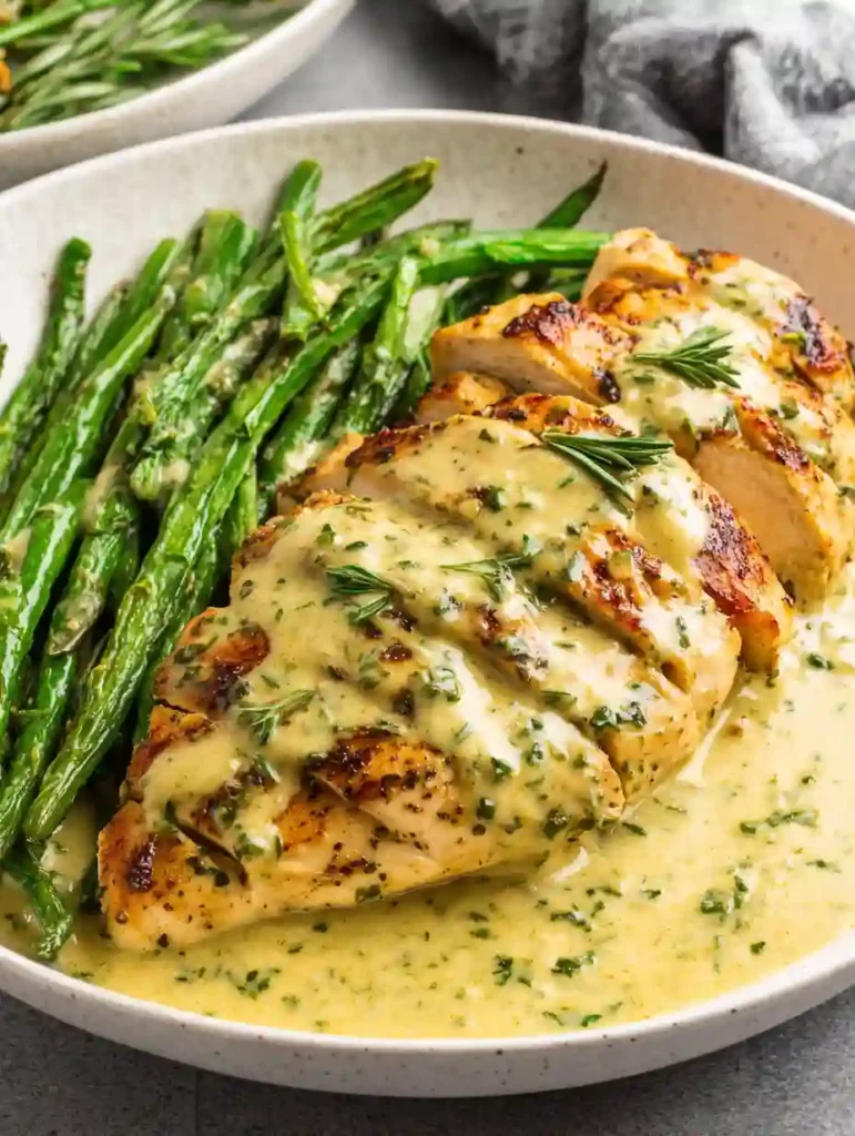 Creamy Pesto Chicken Recipe in 30 Minutes Irresistible 3 Creamy Pesto Chicken topped with basil cream beside roasted asparagus