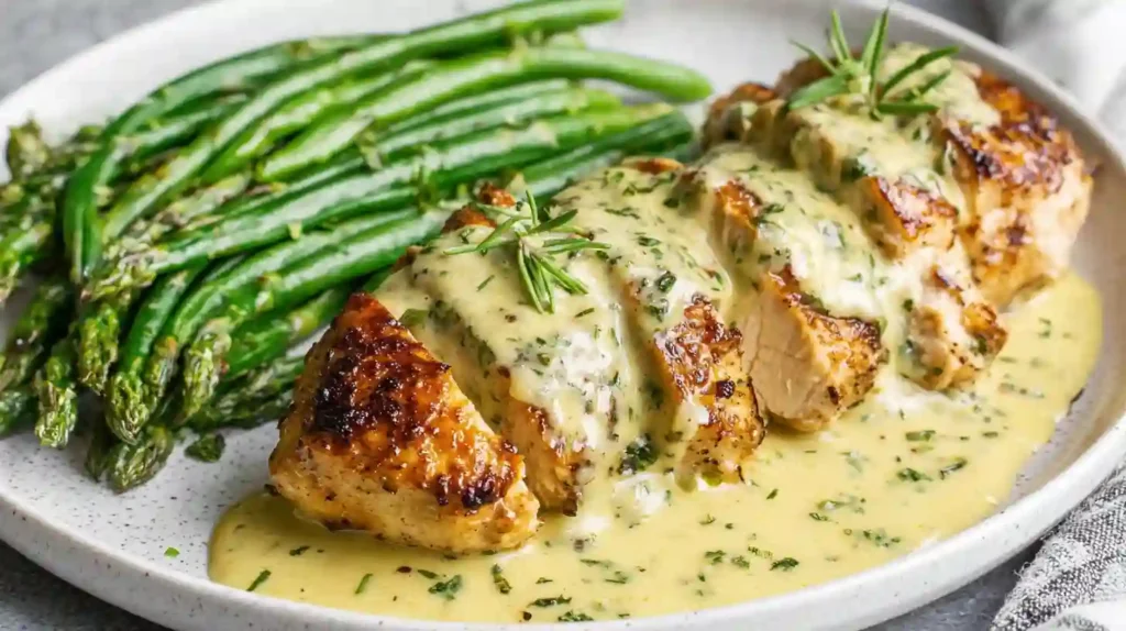 Creamy Pesto Chicken Recipe in 30 Minutes Irresistible 1 Creamy Pesto Chicken sliced in basil cream sauce with roasted asparagus