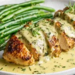 Creamy Pesto Chicken Recipe in 30 Minutes Irresistible 9 Creamy Pesto Chicken sliced in basil cream sauce with roasted asparagus