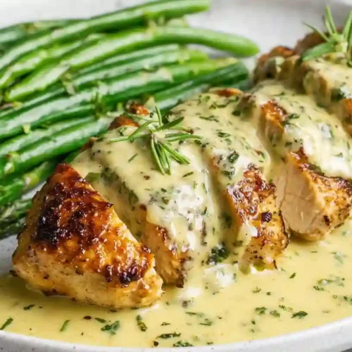 Creamy Pesto Chicken Recipe in 30 Minutes Irresistible 4 Creamy Pesto Chicken sliced in basil cream sauce with roasted asparagus