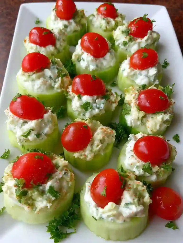 Cucumber Bites Appetizers Recipe 3 Cucumber bites appetizers filled with creamy herb cheese and topped with cherry tomatoes on a white plate