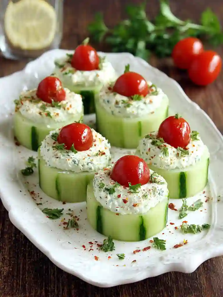 Cucumber Bites Appetizers Recipe 2 Cucumber bites appetizers on a white platter topped with cream cheese and cherry tomatoes