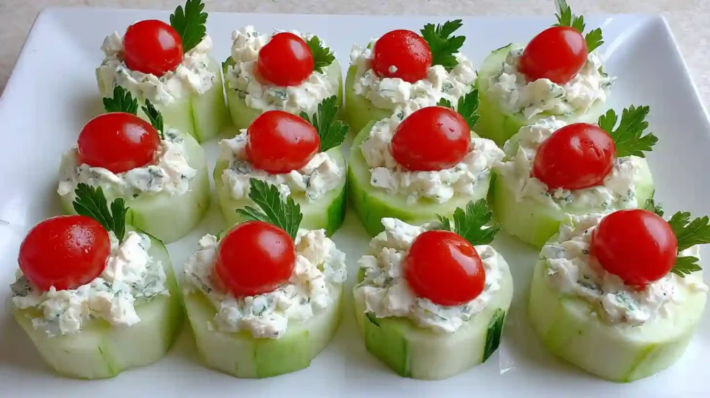 Cucumber Bites Appetizers Recipe 1 Cucumber bites appetizers topped with cream cheese and cherry tomatoes on a white platter