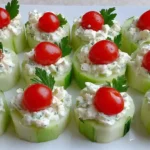 Cucumber Bites Appetizers Recipe 10 Cucumber bites appetizers topped with cream cheese and cherry tomatoes on a white platter