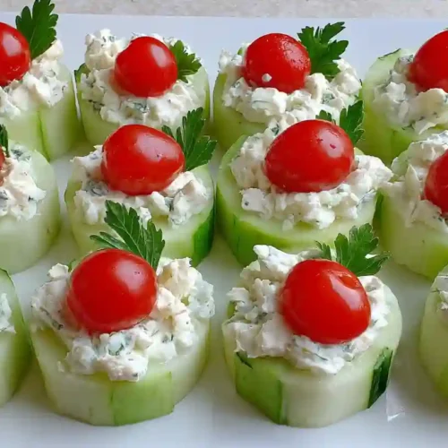 Cucumber Bites Appetizers Recipe 4 Cucumber bites appetizers topped with cream cheese and cherry tomatoes on a white platter