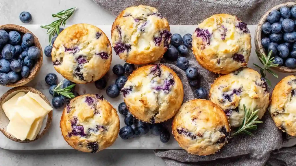 Irresistible Blueberry Cream Cheese Muffins 1 Blueberry Cream Cheese Muffins with golden tops and fresh berries on a serving board