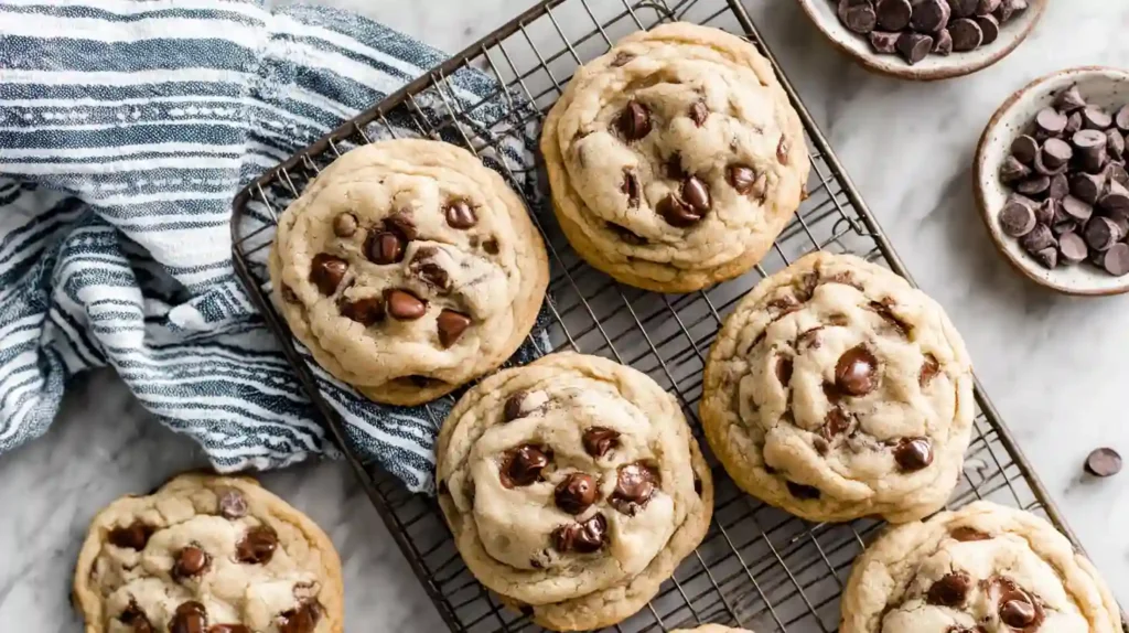 Soft and chewy chocolate chip cookie batch on cooling rack with chocolate chips