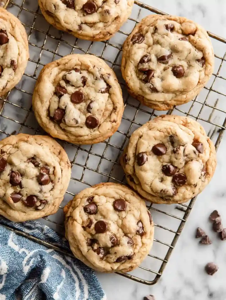 Best Chocolate Chip Cookie Recipe Ever 3 Chocolate chip cookie batch cooling on wire rack with golden edges and melted chips