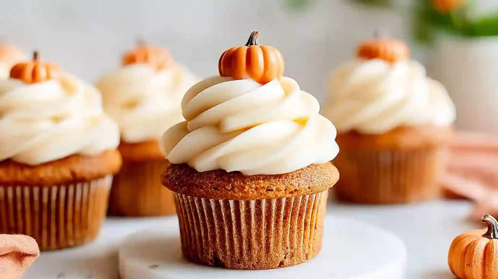 Best Pumpkin Cupcakes Recipe for Fall 1 Close-up of pumpkin cupcakes topped with cream cheese frosting and mini fondant pumpkins