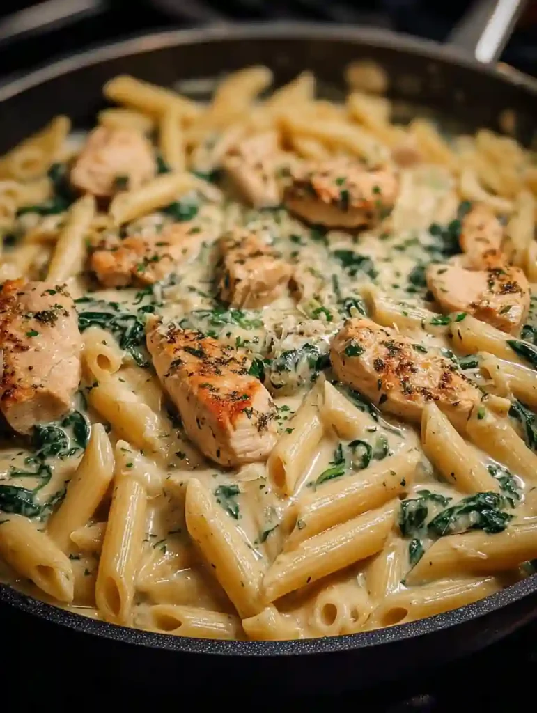 Healthy Garlic Parmesan Chicken Pasta Recipe 2 Garlic parmesan chicken pasta simmering in a skillet with creamy sauce, spinach, and grilled chicken