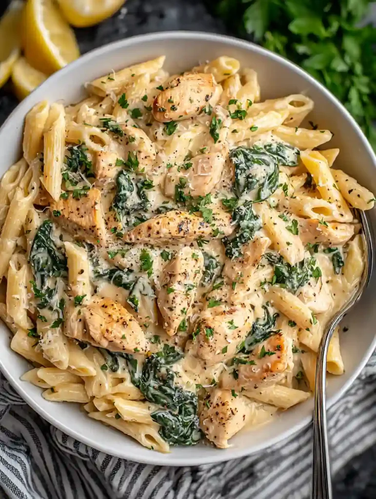 Healthy Garlic Parmesan Chicken Pasta Recipe 3 Garlic parmesan chicken pasta in a white bowl with spinach and grilled chicken breast