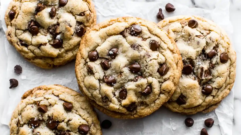 Freshly baked giant chocolate chip cookie with melted chips on parchment paper
