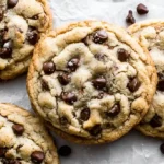 Giant Chocolate Chip Cookie Recipe 11 Freshly baked giant chocolate chip cookie with melted chips on parchment paper