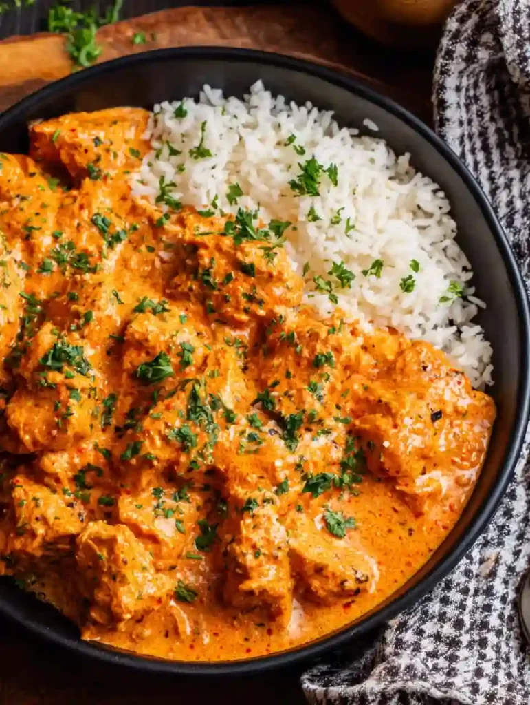 Quick & Easy Homemade Butter Chicken Recipe (Stovetop Dinner Comfort) 2 Homemade Butter Chicken served with steamed basmati rice and garnished with cilantro in a black bowl