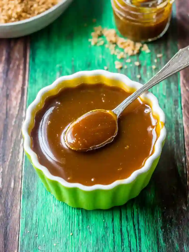 Salted Caramel Apple Pie Bars Recipe 2 Close-up of homemade salted caramel sauce for Salted Caramel Apple Pie Bars in a green bowl with spoon