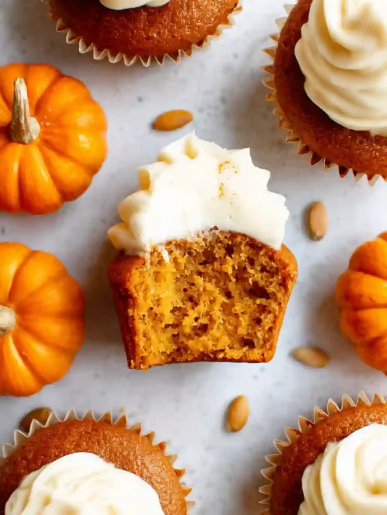 Best Pumpkin Cupcakes Recipe for Fall 3 Pumpkin cupcakes with cream cheese frosting and a bitten cupcake showing soft moist texture