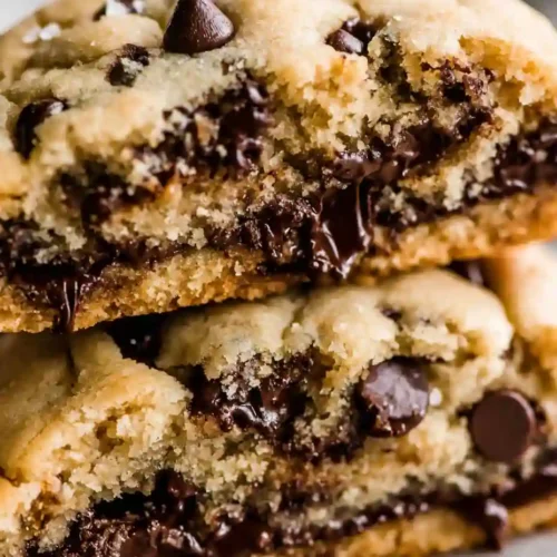 Giant Chocolate Chip Cookie Recipe 5 Close-up of a gooey giant chocolate chip cookie filled with melted chocolate chips