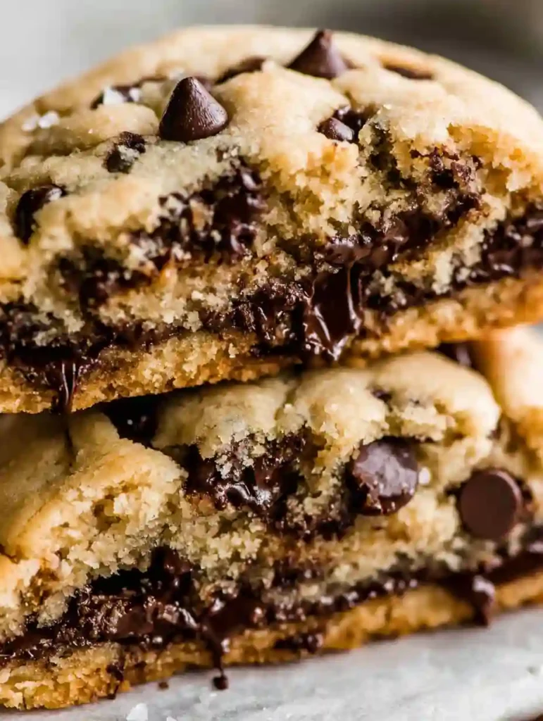 Giant Chocolate Chip Cookie Recipe 3 Close-up of a gooey giant chocolate chip cookie filled with melted chocolate chips