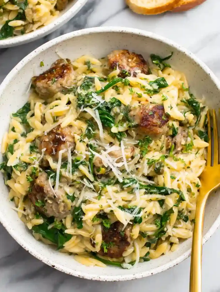 Ultimate Italian Sausage Orzo One Pot Bliss 3 Bowl of Italian sausage orzo topped with parmesan and parsley