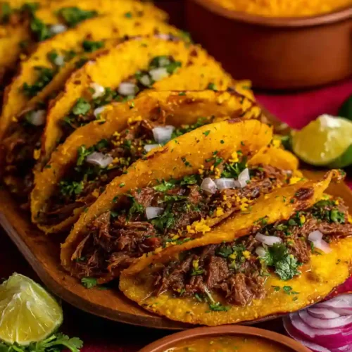 Best Birria Tacos Recipe Crispy, Cheesy, Authentic 4 Birria Tacos stuffed with beef and topped with onions and cilantro, served with consomé