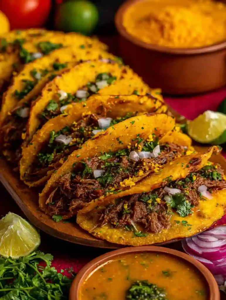 Best Birria Tacos Recipe Crispy, Cheesy, Authentic 2 Birria Tacos stuffed with beef and topped with onions and cilantro, served with consomé