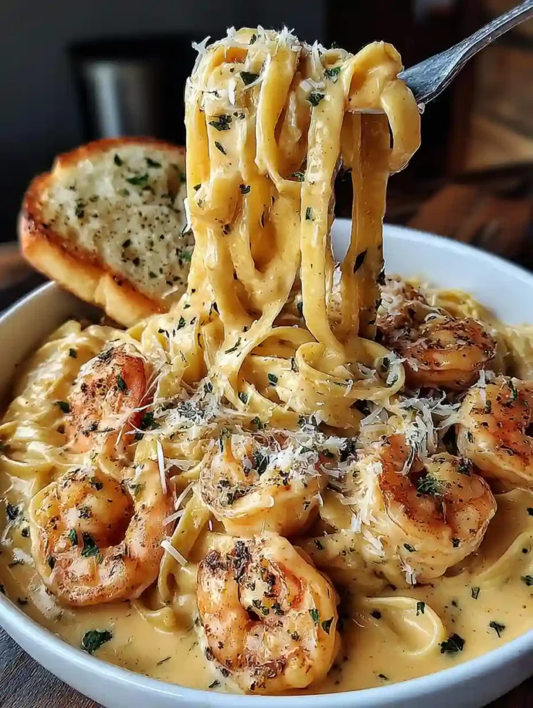 Best Marry Me Shrimp Pasta Recipe 3 Fork lifting creamy fettuccine from a bowl of Marry Me Shrimp Pasta topped with seared shrimp and Parmesan
