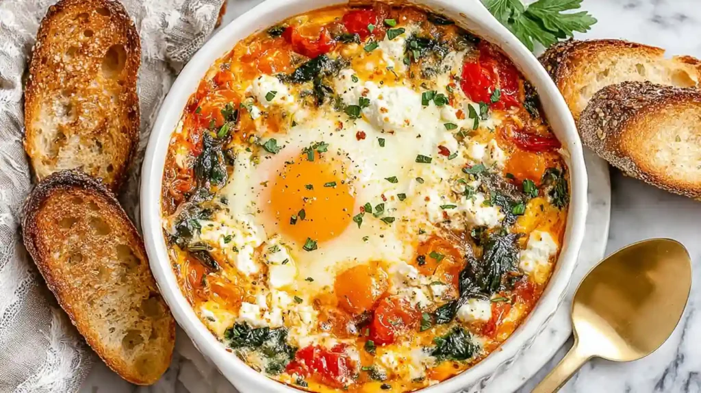 Mediterranean Baked Feta Eggs Recipe 1 Mediterranean Baked Feta Eggs in white ramekin with spinach, burst tomatoes, runny yolk, herbs, and toasted bread