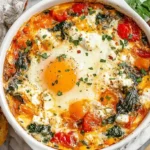 Mediterranean Baked Feta Eggs in white ramekin with spinach, burst tomatoes, runny yolk, herbs, and toasted bread
