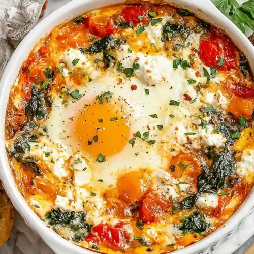 Mediterranean Baked Feta Eggs Recipe 4 Mediterranean Baked Feta Eggs in white ramekin with spinach, burst tomatoes, runny yolk, herbs, and toasted bread