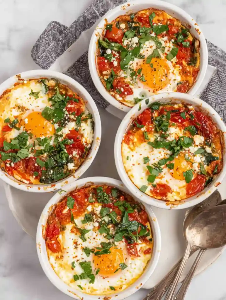 Mediterranean Baked Feta Eggs Recipe 2 Mediterranean Baked Feta Eggs in four white ramekins with spinach, tomatoes, runny yolks, herbs, overhead view with vintage spoons