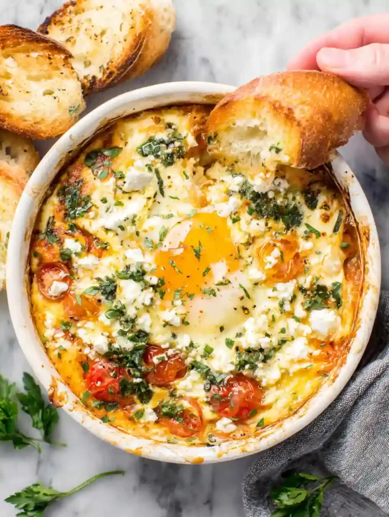 Mediterranean Baked Feta Eggs Recipe 3 Mediterranean Baked Feta Eggs in a white ramekin with runny yolk, cherry tomatoes, herbs, and toast being dipped