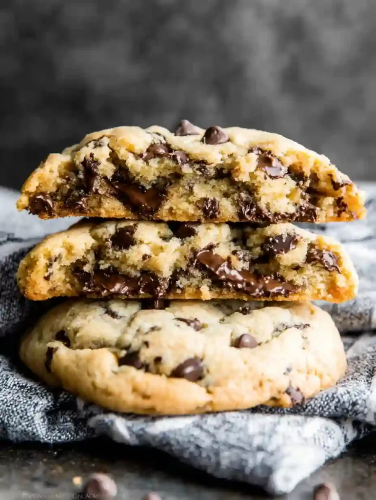 Giant Chocolate Chip Cookie Recipe 4 Stacked giant chocolate chip cookie showing gooey melted center and chocolate chips