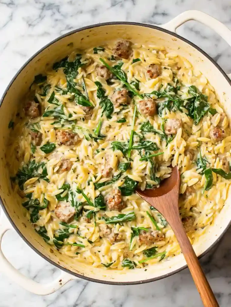 Ultimate Italian Sausage Orzo One Pot Bliss 2 Italian sausage orzo cooking in a creamy sauce with spinach in a Dutch oven
