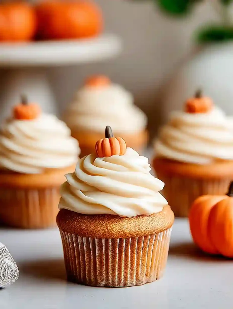 Best Pumpkin Cupcakes Recipe for Fall 4 Pumpkin cupcakes with cream cheese frosting and fondant pumpkin decorations for fall desserts