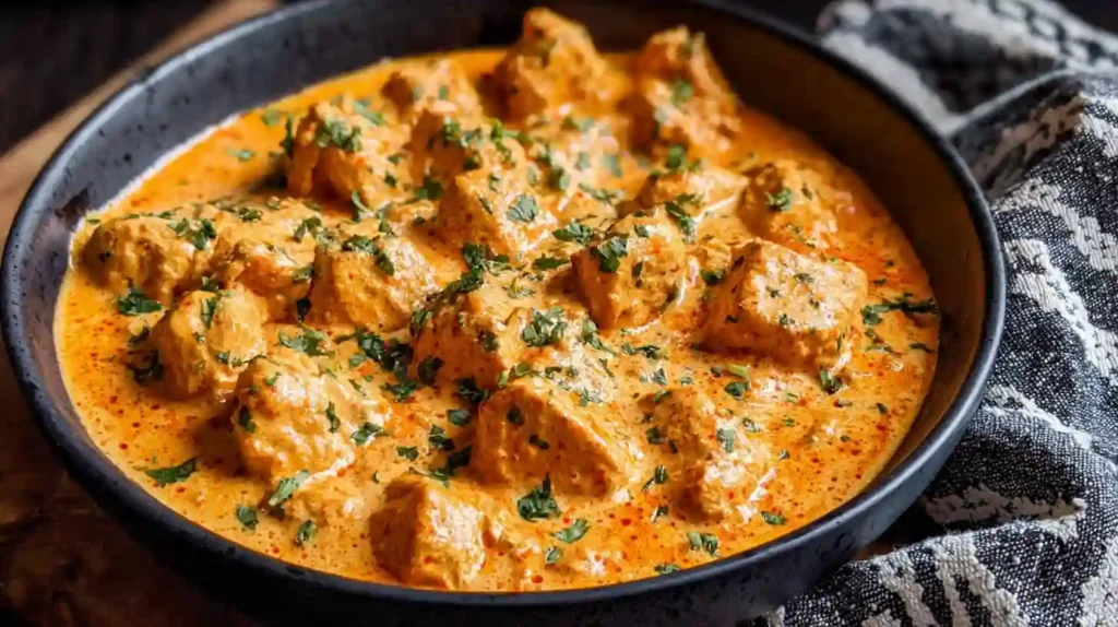 Homemade Butter Chicken served in a black bowl with creamy tomato sauce and fresh cilantro garnish