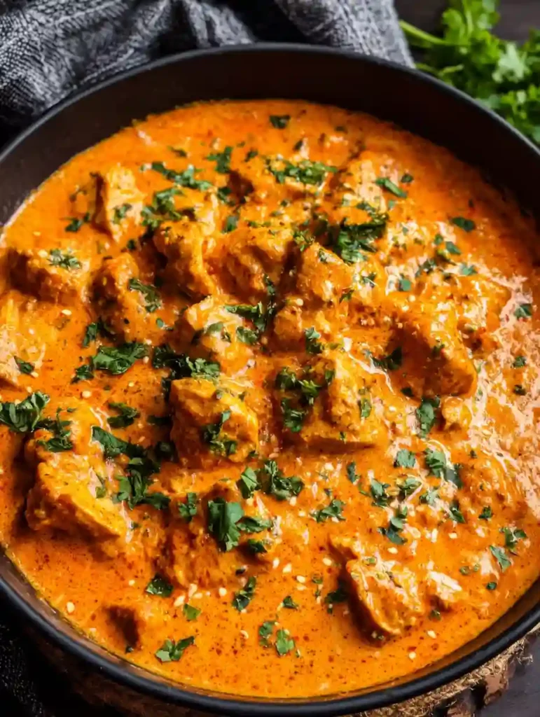 Quick & Easy Homemade Butter Chicken Recipe (Stovetop Dinner Comfort) 3 Homemade Butter Chicken topped with chopped cilantro in a thick orange curry sauce