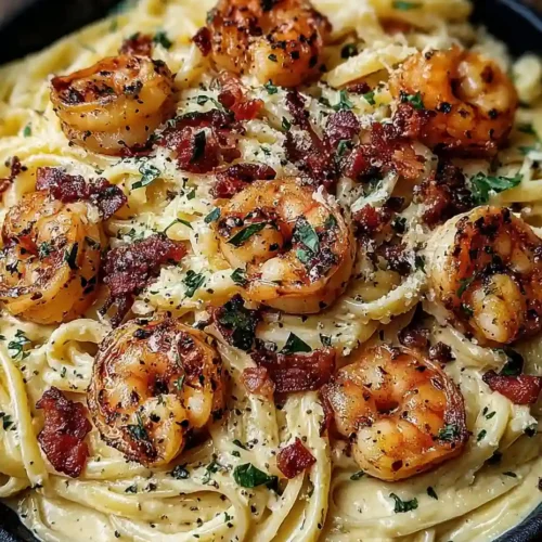 Best Marry Me Shrimp Pasta Recipe 4 Marry Me Shrimp Pasta with seared shrimp, crispy bacon, and creamy sauce served in a black skillet