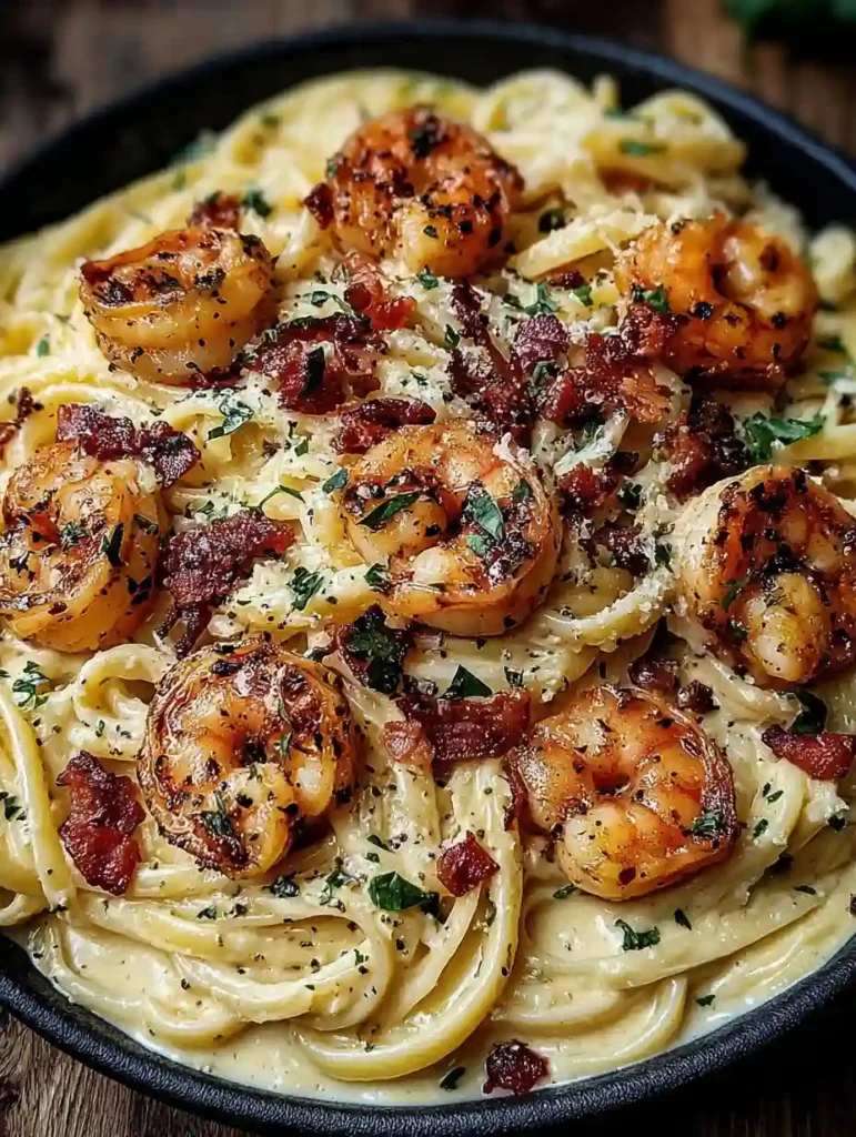 Best Marry Me Shrimp Pasta Recipe 2 Marry Me Shrimp Pasta with seared shrimp, crispy bacon, and creamy sauce served in a black skillet