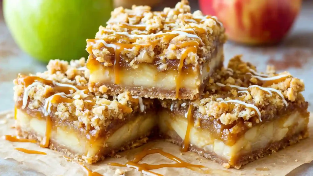 Salted Caramel Apple Pie Bars Recipe 1 Close-up of Salted Caramel Apple Pie Bars topped with golden crumble and caramel drizzle