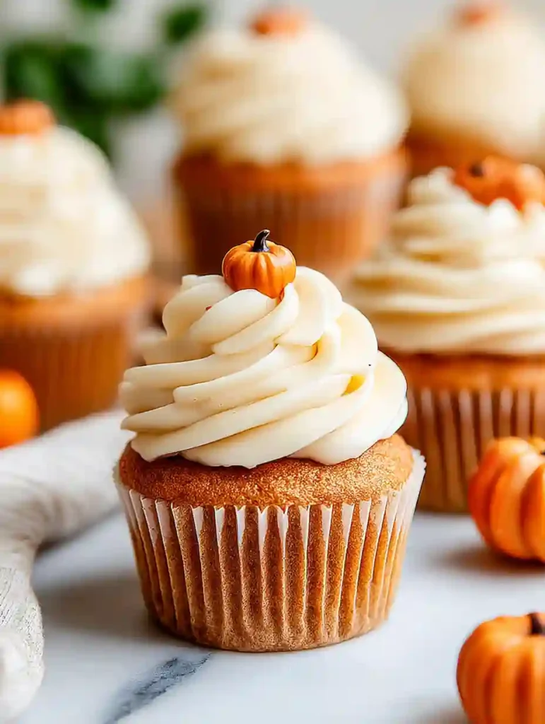 Best Pumpkin Cupcakes Recipe for Fall 2 Pumpkin cupcakes with cream cheese frosting topped with mini fondant pumpkins on white background