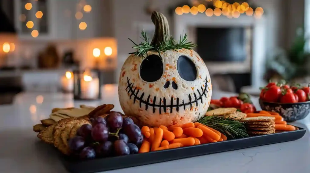 Skellington Cheese Ball Recipe 1 Skellington Cheese Ball decorated like Jack Skellington with crackers and veggies on a party tray
