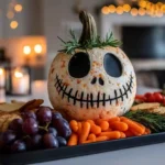 Skellington Cheese Ball decorated like Jack Skellington with crackers and veggies on a party tray