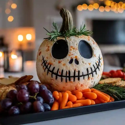 Skellington Cheese Ball Recipe 3 Skellington Cheese Ball decorated like Jack Skellington with crackers and veggies on a party tray