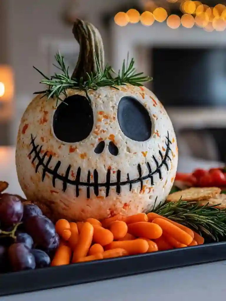 Skellington Cheese Ball Recipe 2 Skellington Cheese Ball with black olive face, carrots, grapes, and rosemary on a festive tray
