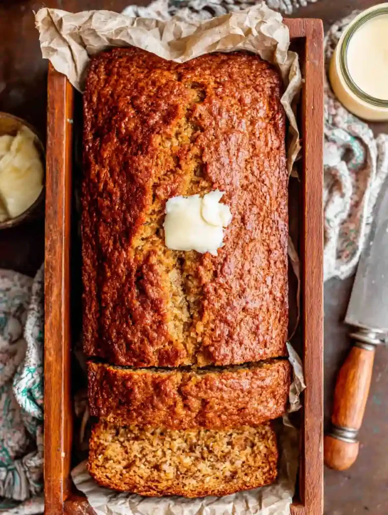 Moist Banana Bread Recipe With Sour Cream 2 Moist Banana Bread Recipe topped with melting butter in a wooden loaf pan